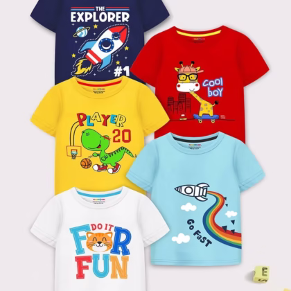 Boys Pack of 5 Graphic Print Regular Fit Round-Neck T-Shirts